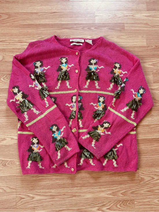 Vintage Sweaters - Vintage 90s Cotton Linen David Brooks Hula Dancer Girl Cardigan Sweater Pink XL